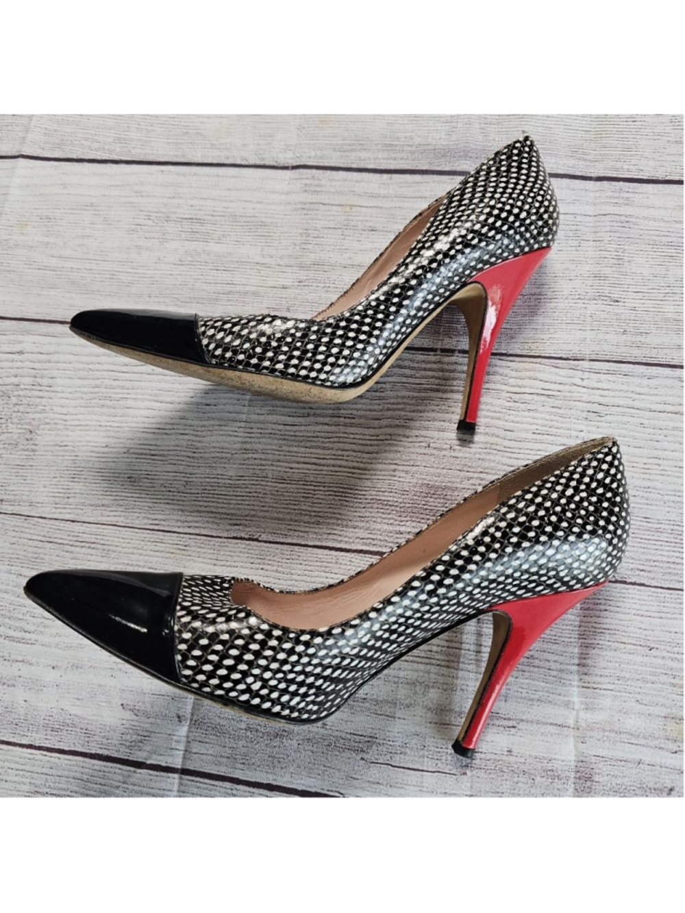Kate Spade sz 7 black/white with red high heeled, pointed toe pumps - Picture 7 of 10